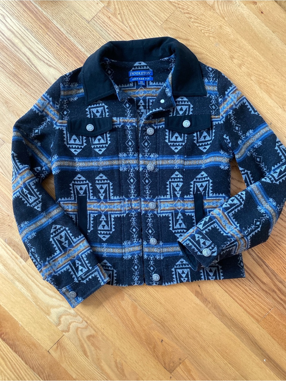 Pendleton Black Wool Aztec-Pattern Jacket with Blue & Tan Accents